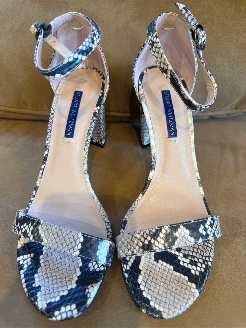 Stuart Weitzman Snake-Print Ankle-Strap Heels in Black & White
